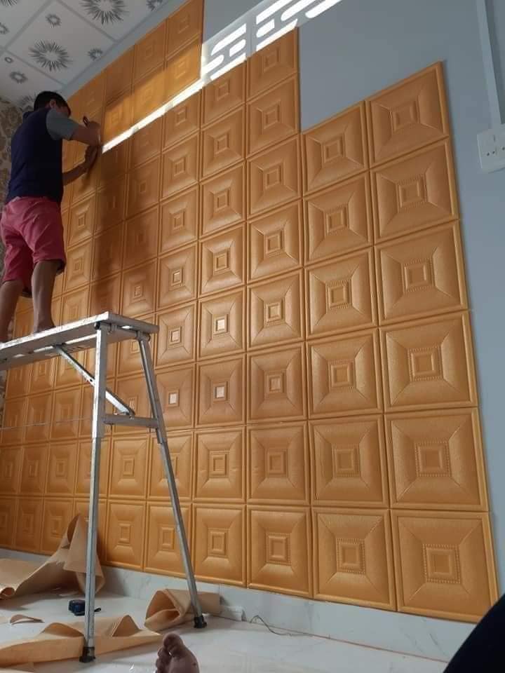 Bộ 10 Tấm Xốp Dán Tường Da Ô Vuông, Da P3 Vàng Kem