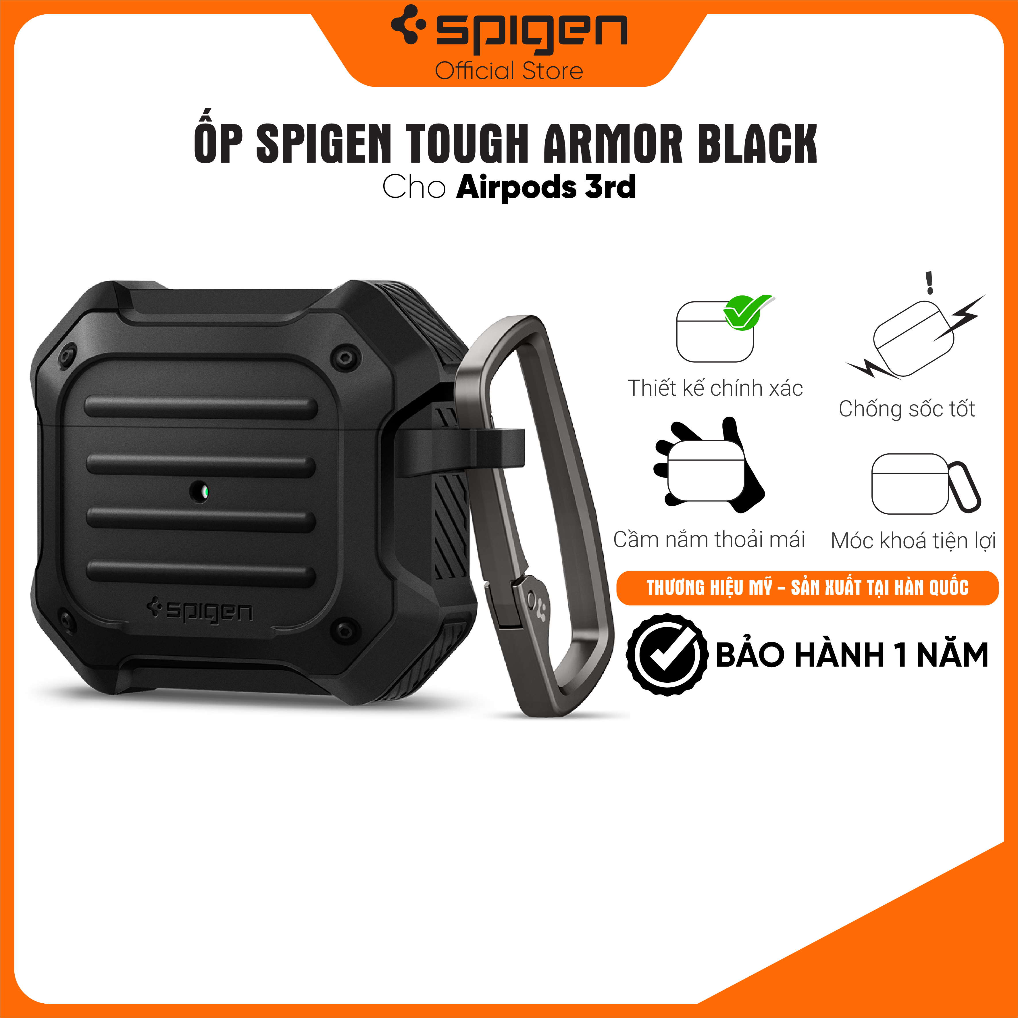 Ốp Spigen Tough Armor cho Airpod 3 - Thiết kế chính xác, chống sốc, móc khoá tiện lợi - Hàng chính hãng