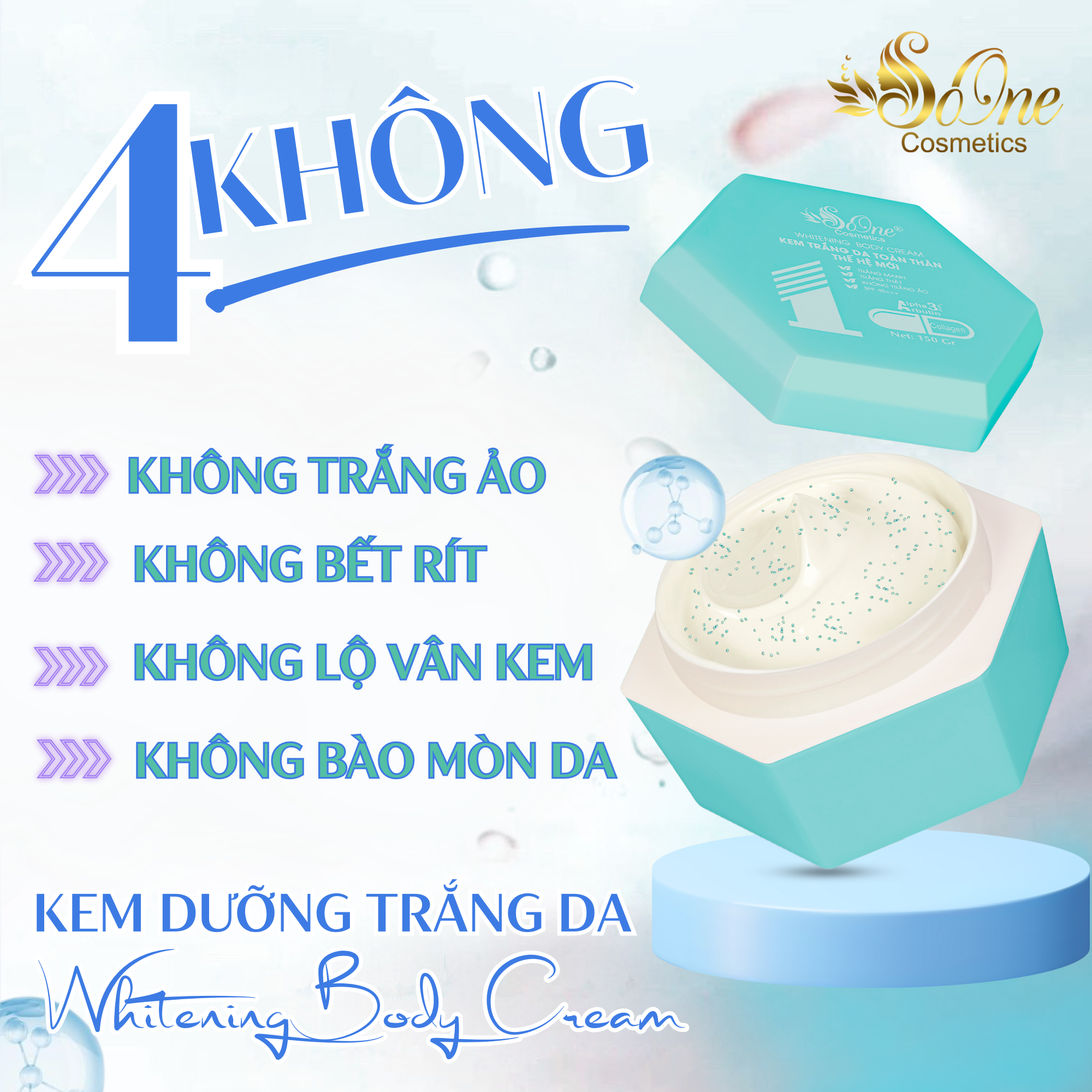 Kem Body SoOne Dưỡng Trắng Da Toàn Thân Thế Hệ Mới Hộp Màu Xanh Dương 150ml