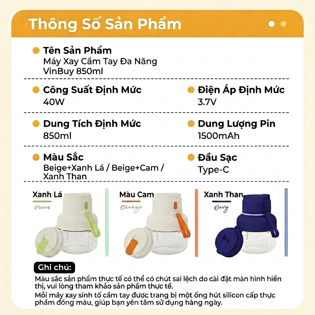Máy Xay Sinh Tố Cầm Tay VinBuy 850ml - 12 Lưỡi Dao Inox 304, Xay Khỏe, Pin Siêu Lâu, Sạc Type-C, Bảo Hành 12 tháng Hàng chính hãng