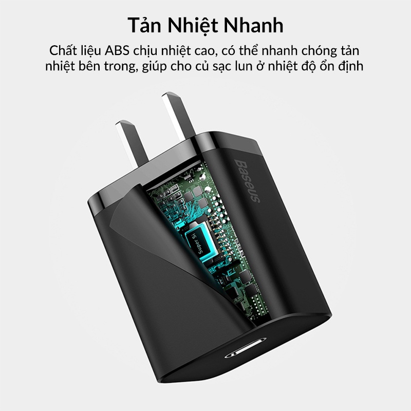 Bộ cốc cáp sạc nhanh Baseus 20W Si cho IP12, Củ sạc nhanh IP12 Baseus 20W Super Si Mini USB C hỗ trợ sạc nhanh QC3.0 PD - Hàng chính hãng