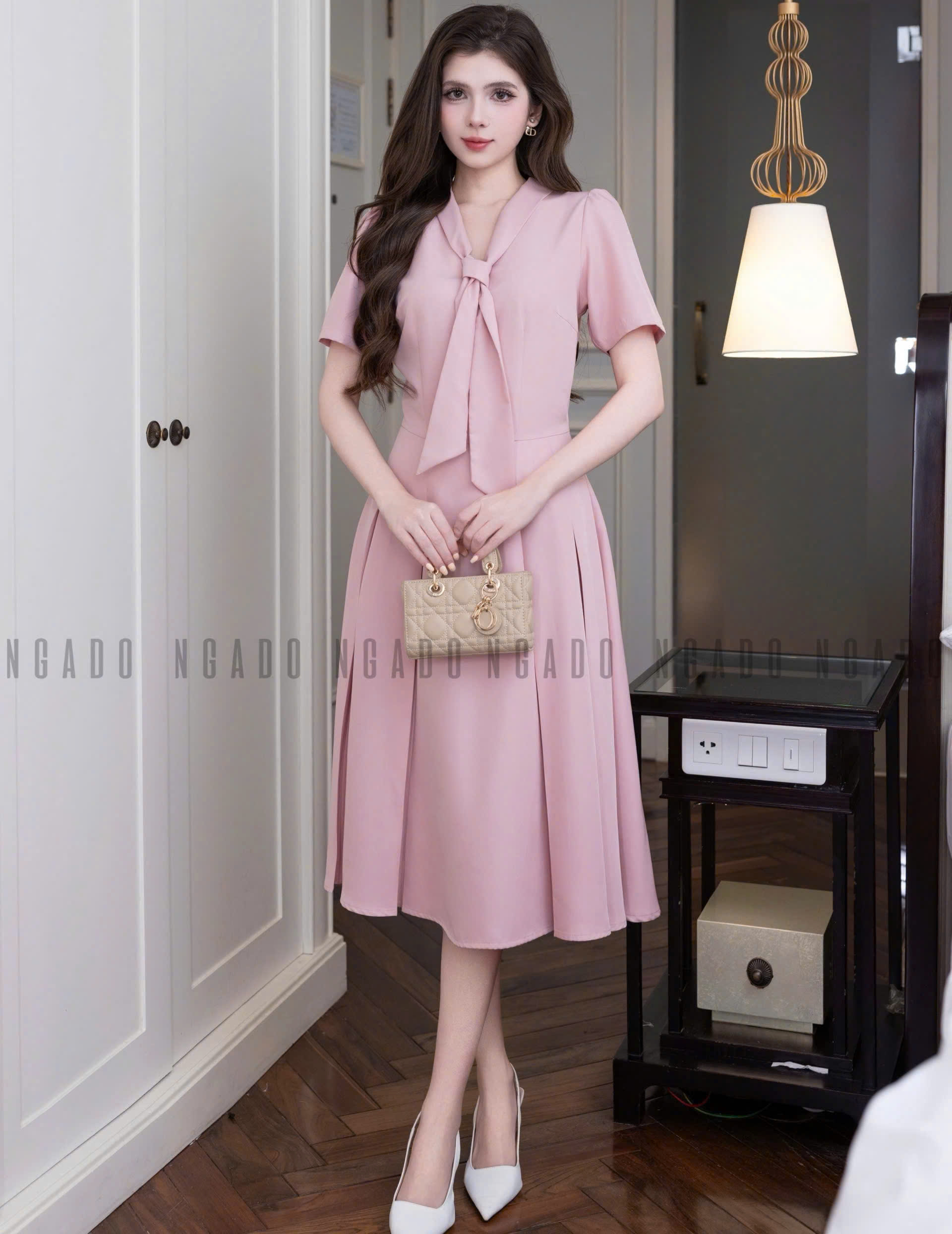 Đầm hồng cổ cà vạt NGADO , đầm midi , đầm kiểu nữ , đầm công sở , dự tiệc
