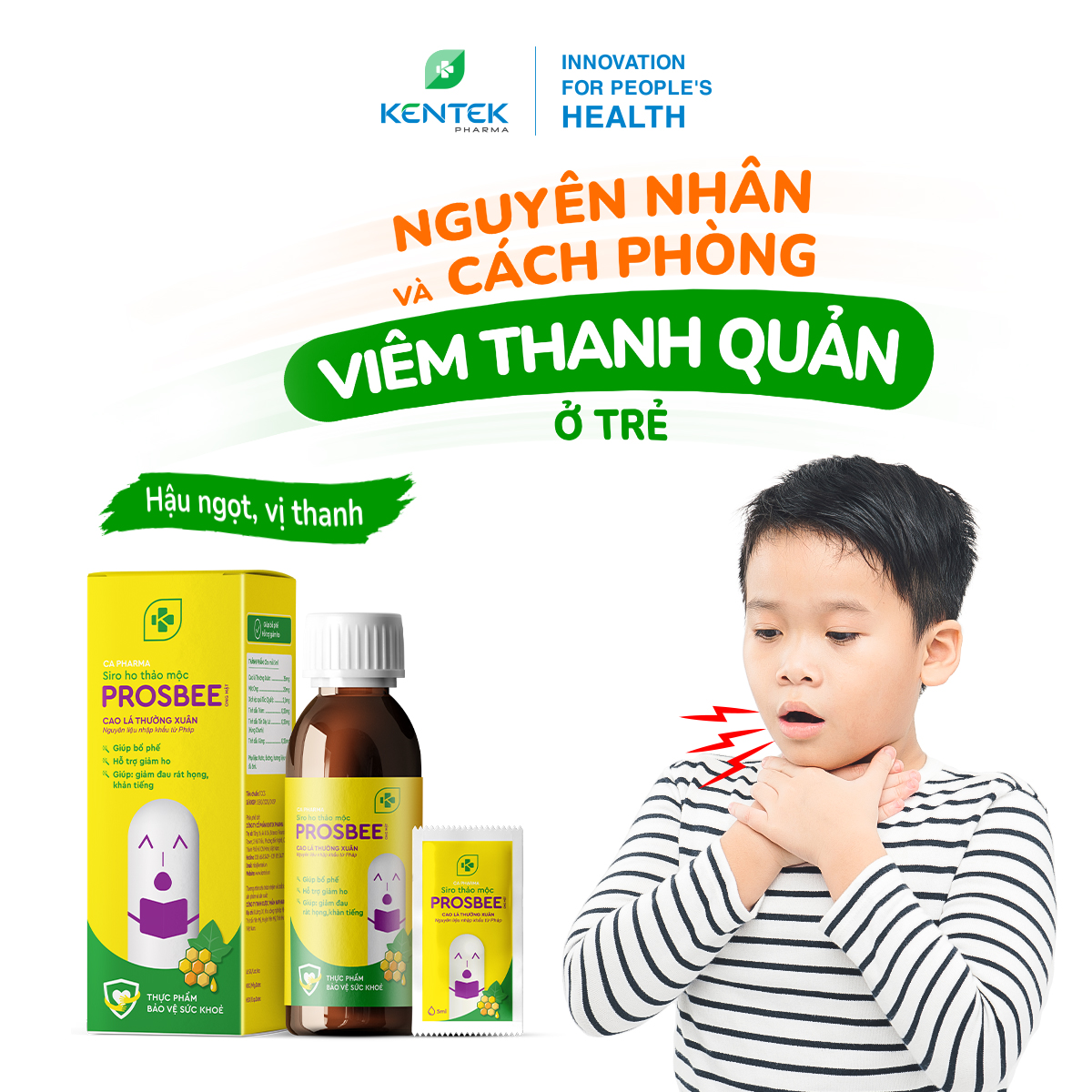 Siro ho thảo dược bổ phế, giảm ho dành cho trẻ em PROSBEE Ong Mật | Kentek Pharma | Chai 100ml