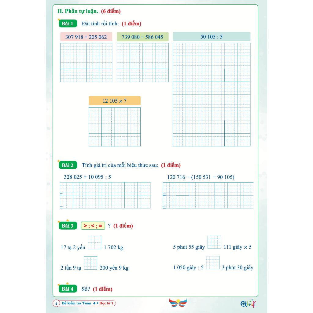 Sách Đề Kiểm Tra Toán Lớp 4 - Học Kì 1 - Cánh Diều (1 cuốn) - Bản Quyền