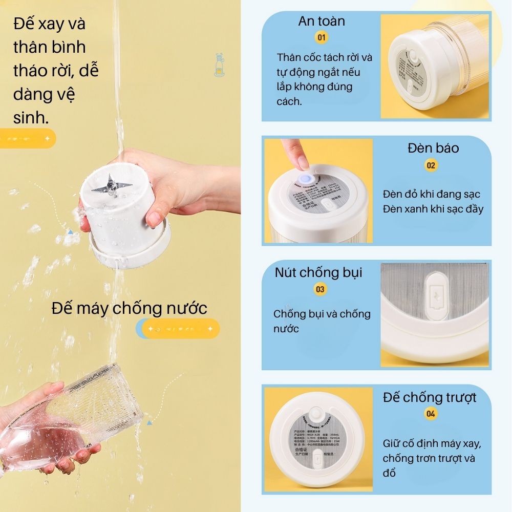 Máy Xay Sinh Tố Cầm Tay Mini, Máy Say Sinh Tố Fresh Juice Đa Năng Ép Trái Cây Hoa Quả 6 Lưỡi Dao Sạc Điện 350ml