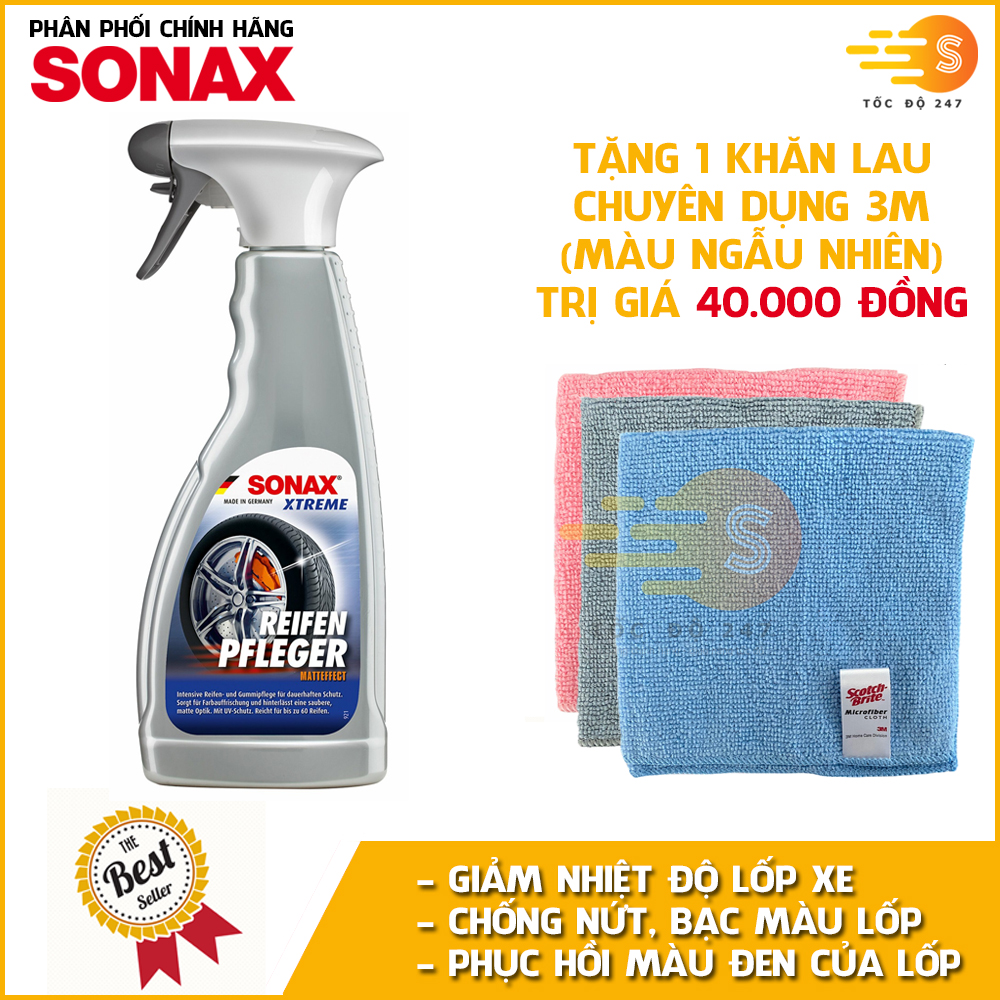 Chai xịt bảo dưỡng lốp ô tô cao cấp Tyre Care Xtreme Sonax 256241 500ml tặng kèm khăn 3M KL3030 - Giảm nhiệt độ lốp xe, chống lão hóa, nứt nẻ, phục hồi màu đen lốp xe