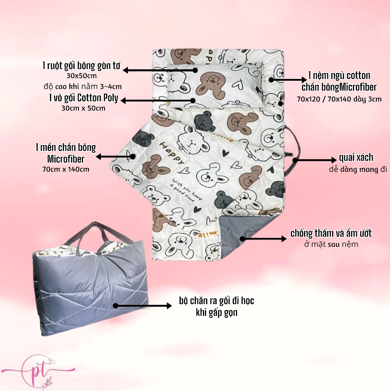 Set Đi Học Cho Bé Chống Thấm Gấp Gọn 4 Trong 1 Tiện Lợi Có Tay Cầm Size 70x120cm Hoặc 70x140cm Giao Màu Ngẫu Nhiên