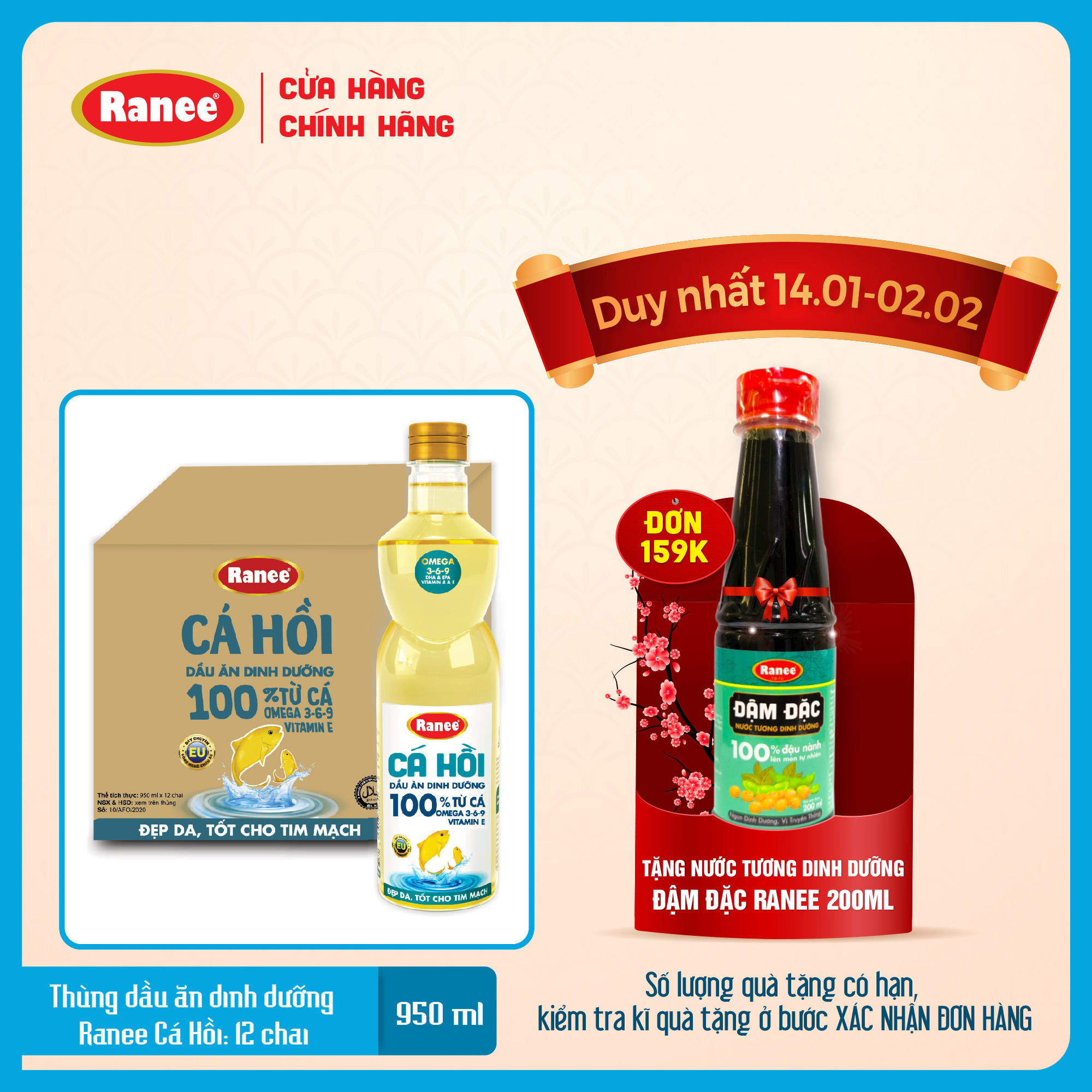 Thùng dầu ăn dinh dưỡng Ranee Cá Hồi 950ml
