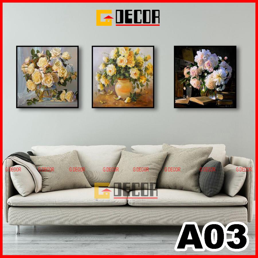 Tranh treo tường vuông canvas 3 bức phong cách hiện đại Bắc Âu A03 tranh lọ hoa trang trí phòng khách phòng ngủ spa