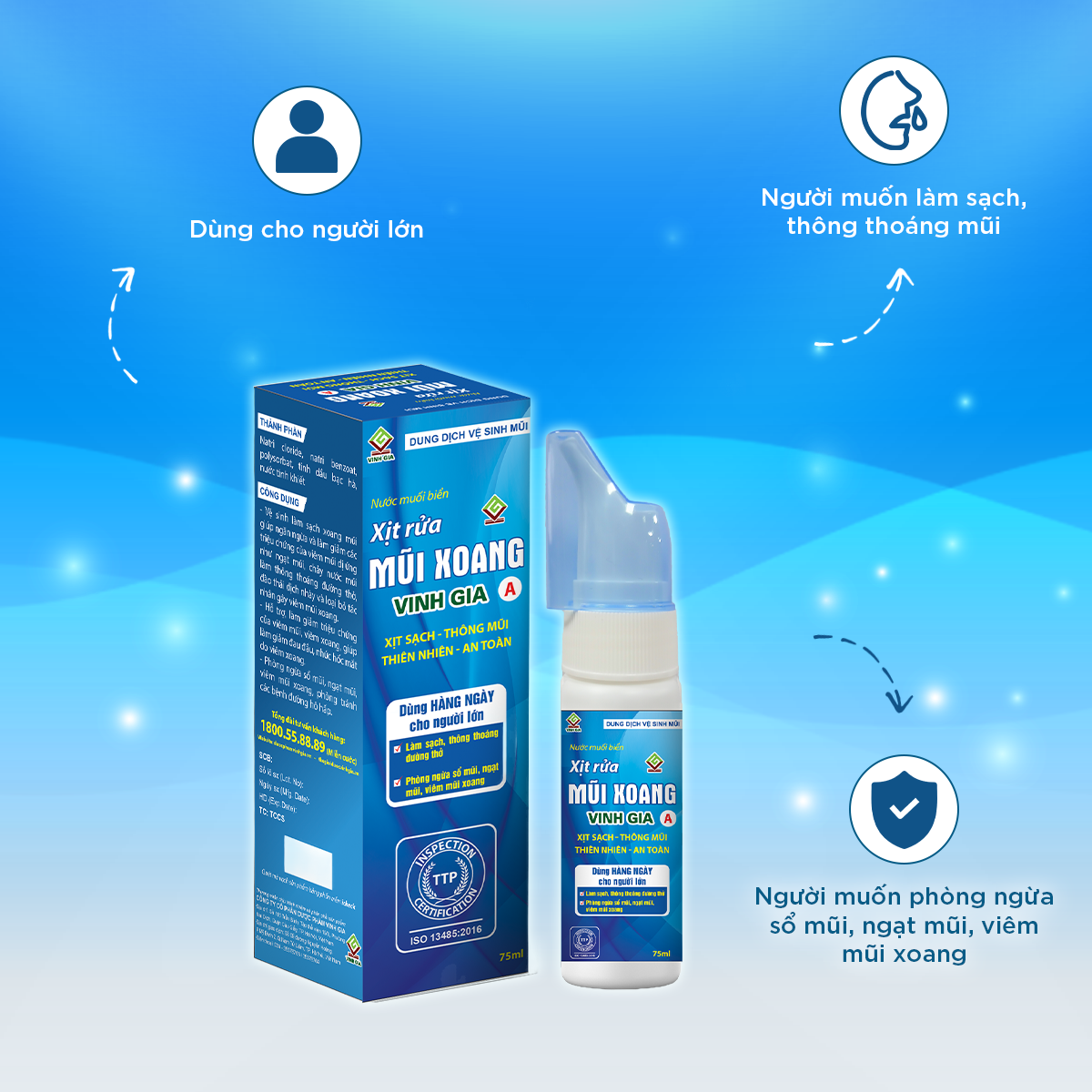 Xịt Rửa Mũi Xoang VINH GIA A Chứa Tinh Dầu Bạc Hà, Giúp hỗ trợ Hơi Thở Thông Thoáng, Bảo Vệ Hô Hấp Dùng Cho Người Lớn - 75ml