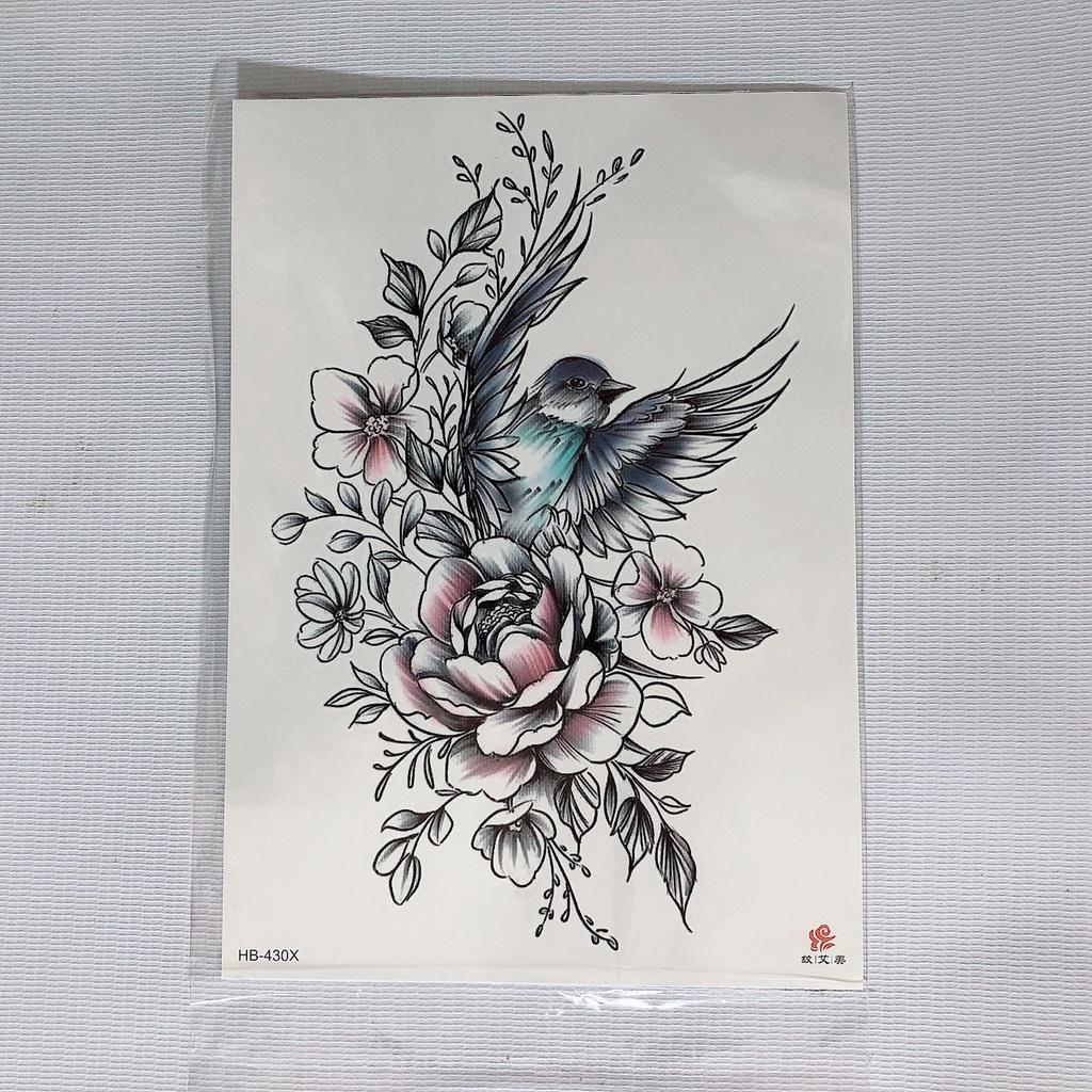 Hình xăm dán tattoo cao cấp hoa trắng đen 15x21cm- phù hợp các vị trí tay, chân, vai, ngực, bụng