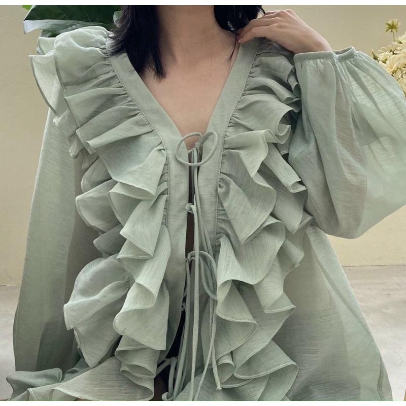 Áo Viền Bèo Thắt Nơ Trước Áo 2 Màu Xanh, Trắng Siêu Xinhh
