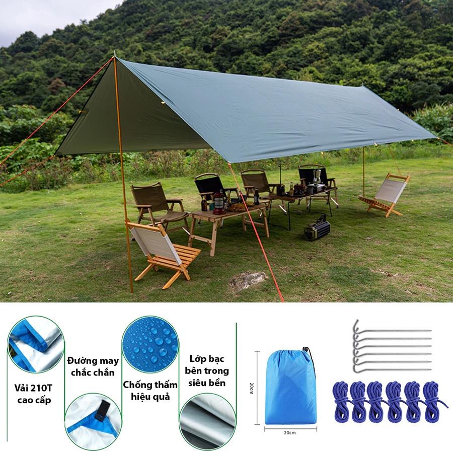 Tấm tăng/tarp lều tráng bạc chống UV kèm cọc chống, dễ dàng tùy biến với nhiều kiểu setup tiện cho chuyến đi dã ngoại