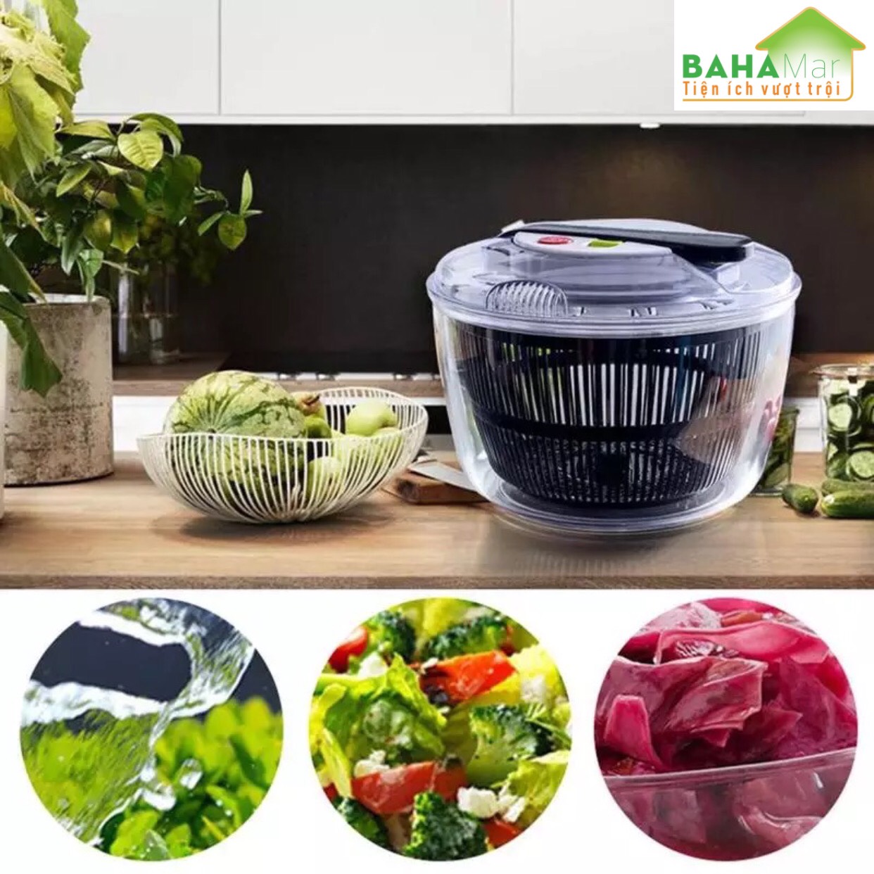CHẬU ĐA NĂNG RỬA VÀ QUAY VẮT KHÔ RAU CỦ QUẢ THEO NGUYÊN LÝ ĐÒN BẨY có thể xoay nhiều món salad và rau tại cùng thời gian, tay nắm ấn đẩy có thể dễ dàng làm sạch và làm khô rau.