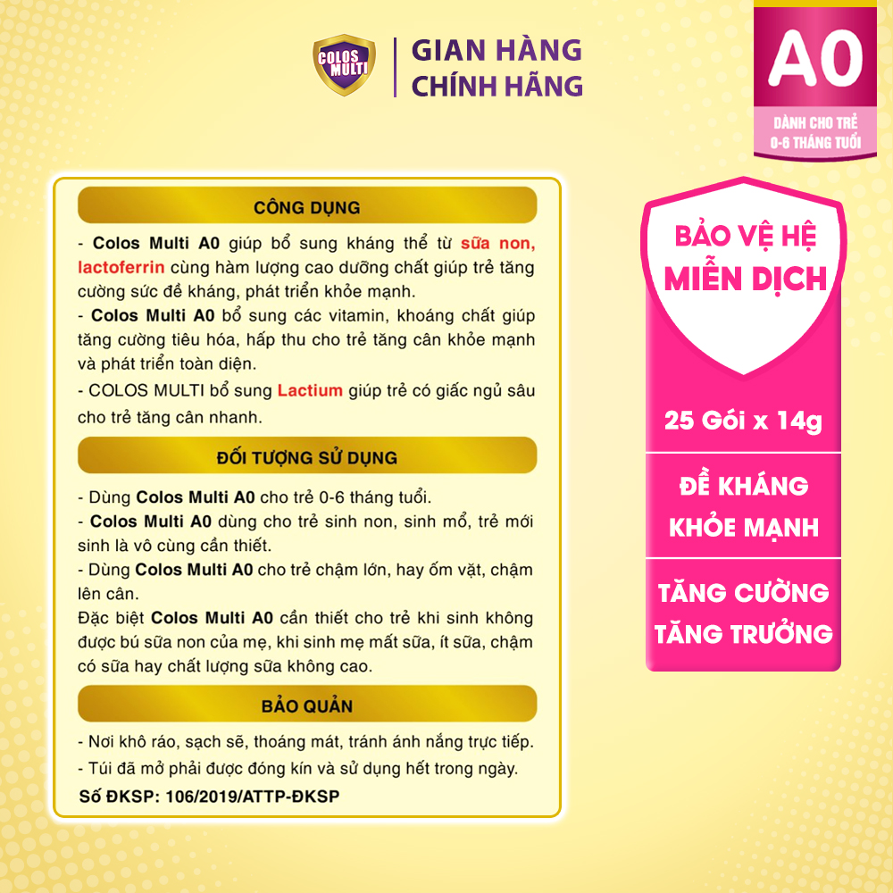 [ HỘP DÙNG THỬ] Sữa non Colosmulti A0 hộp 2 gói x 14g hỗ trợ tăng cường sức đề kháng cho trẻ