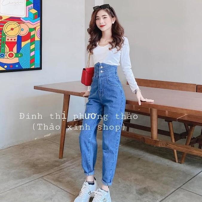 Quần jeans nữ simple cạp siêu cao 2 khuy dáng đứng màu xanh