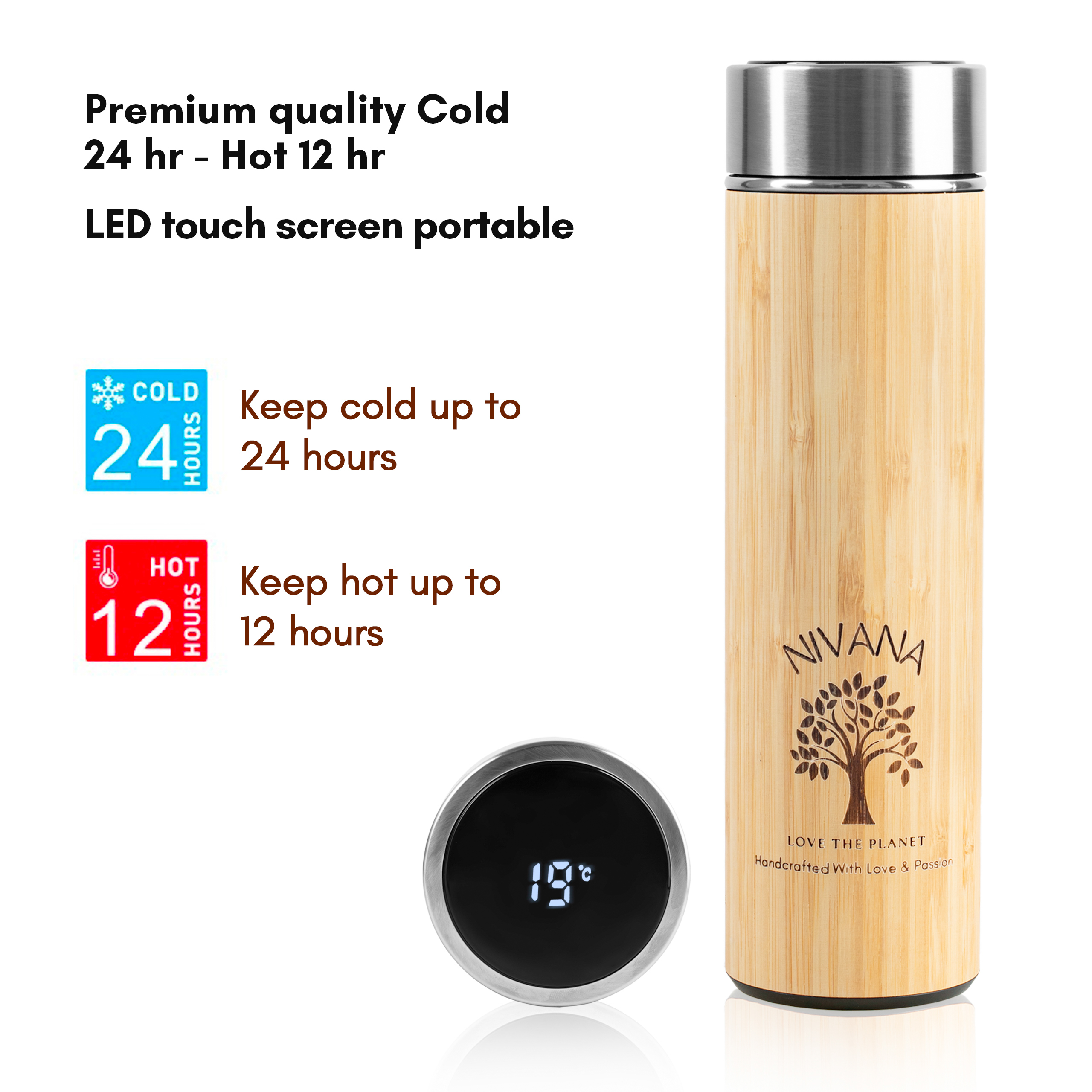 Bình giữ nhiệt tre 500ml - Nắp LCD cảm ứng hiển thị nhiệt độ - Túi lọc kép - Pha trà, cafe, nước trái cây