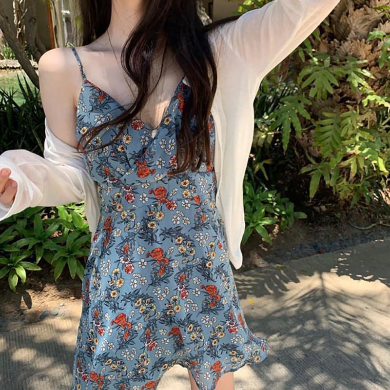 Đầm Hoa Cổ Chữ V Phong Cách Retro Xinh Xắn Cho Nữ