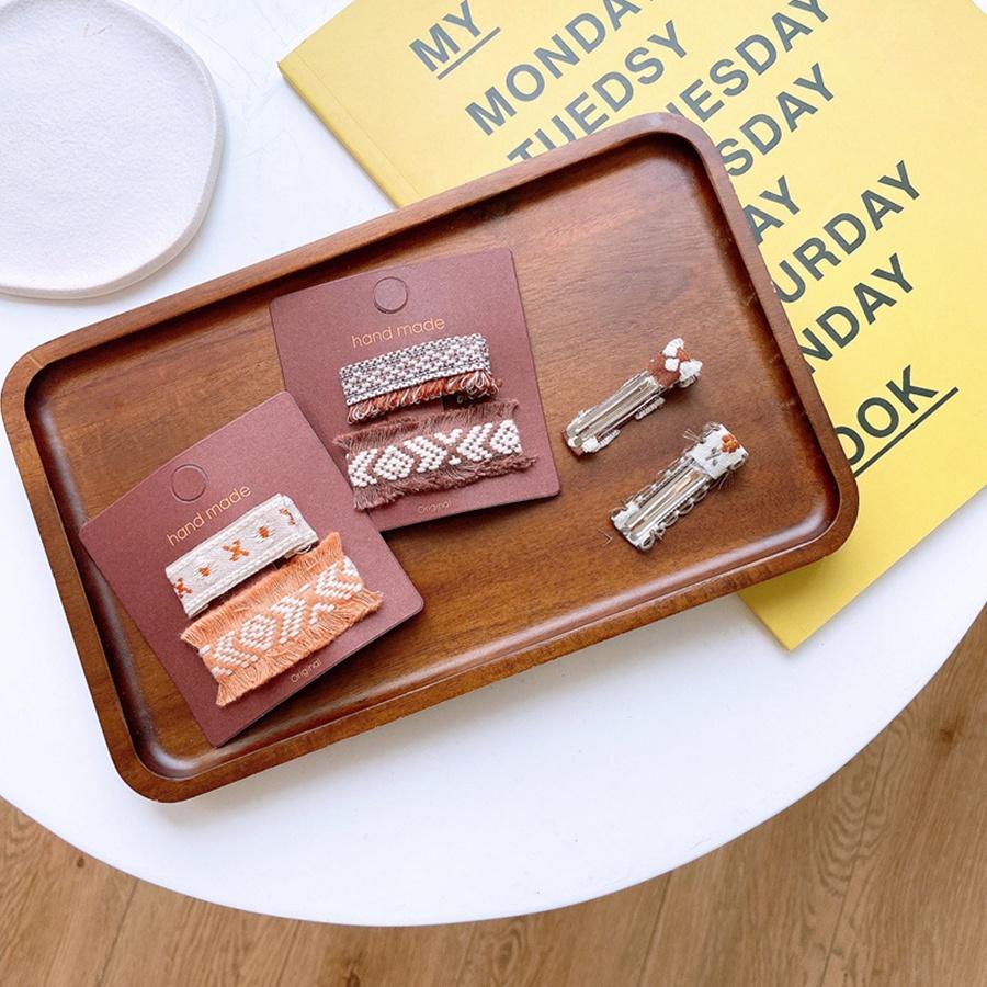 Set 2 kẹp tóc đính nơ chữ nhật thêu thổ cẩm xinh xắn phong cách Hàn Quốc vintage cho bé yêu, cặp Chữ nhật Phối Ren KTC