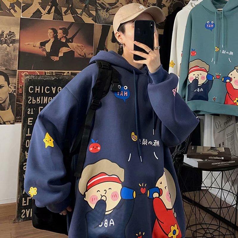 Áo hoodie tay dài dáng rộng in hình hoạt hình gồm 4 màu sắc