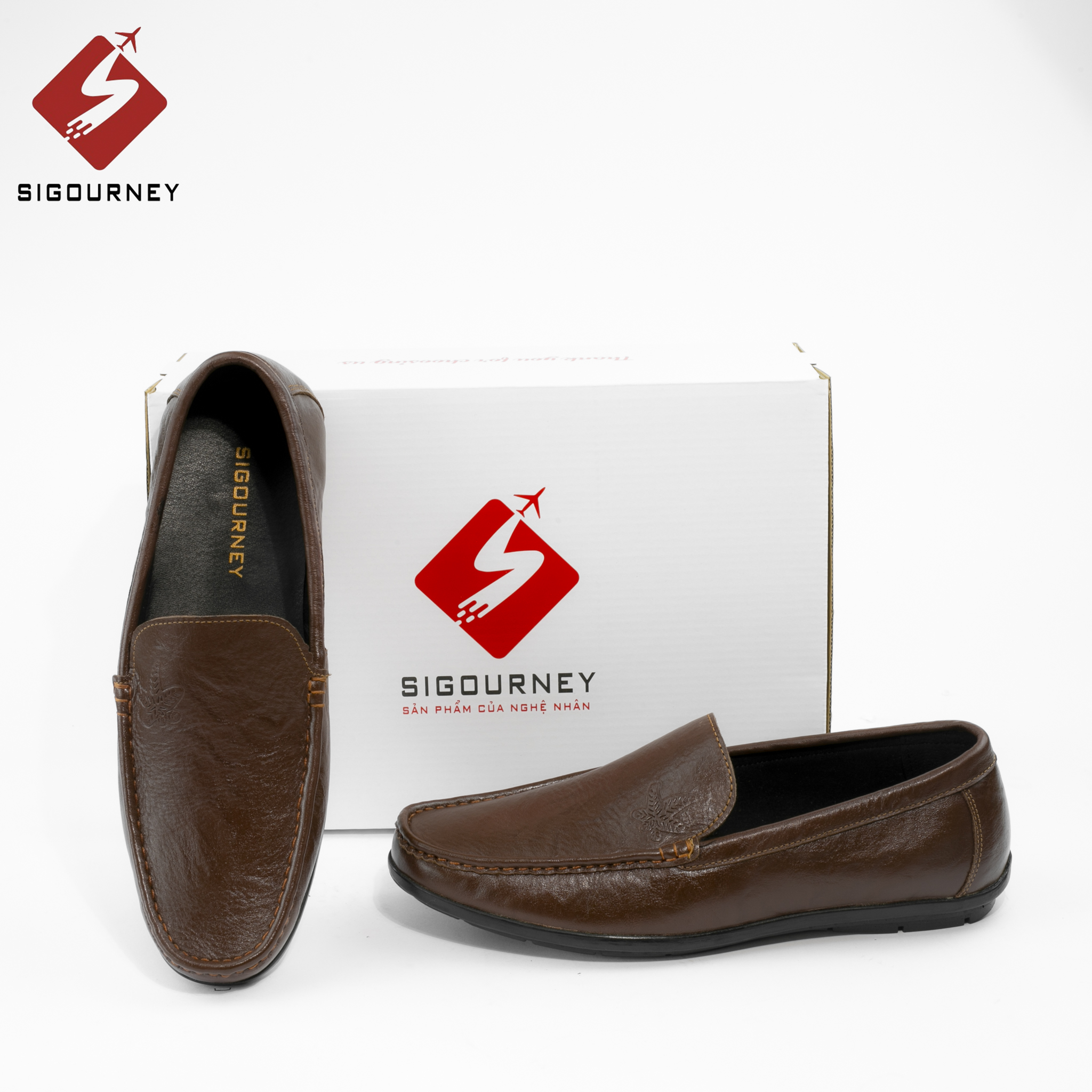 Giày mọi nam da bò cao cấp dành cho giới công sở SIGOURNEY màu nâu SIG20 bảo hành 18 tháng