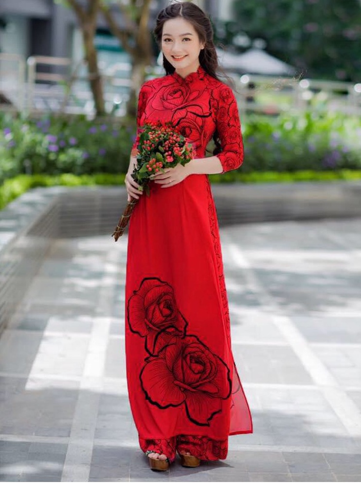 SET ÁO DÀI TRUYỀN THỐNG HỌA TIẾT HOA HỒNG - NN26