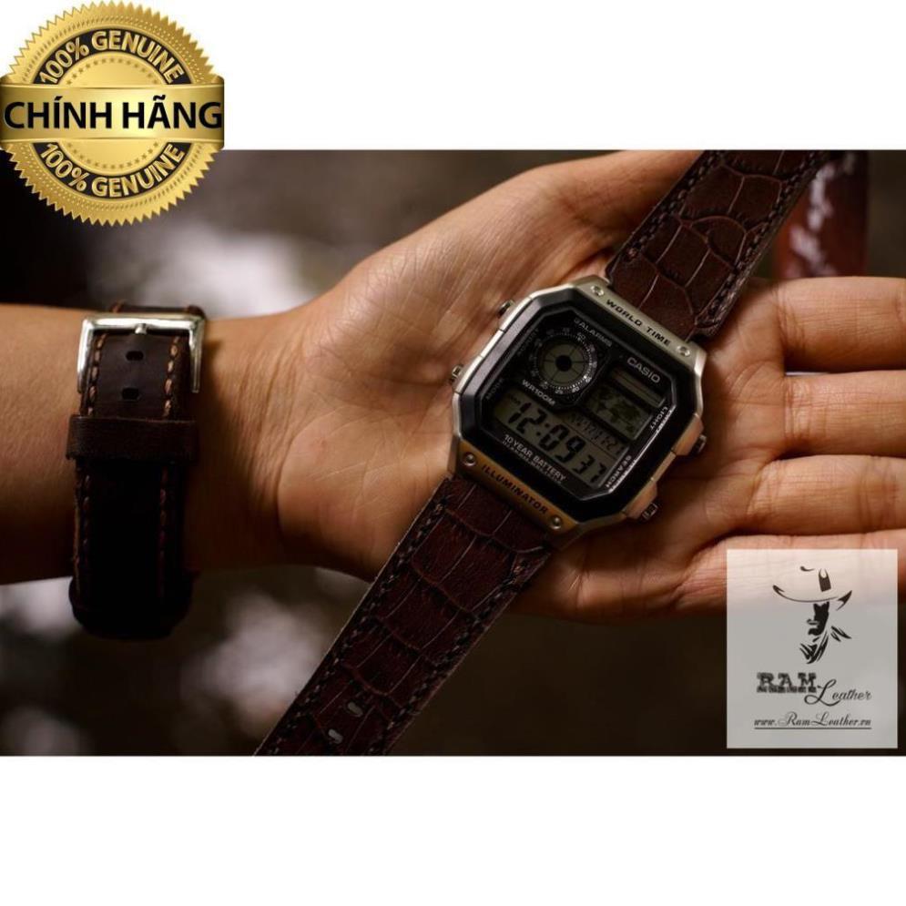 DÂY ĐỒNG HỒ DA BÒ THẬT DẬP VÂN CÁ SẤU DÀNH CHO CASIO AE1200/SEIKO5 - HÀNG CHÍNH HÃNG