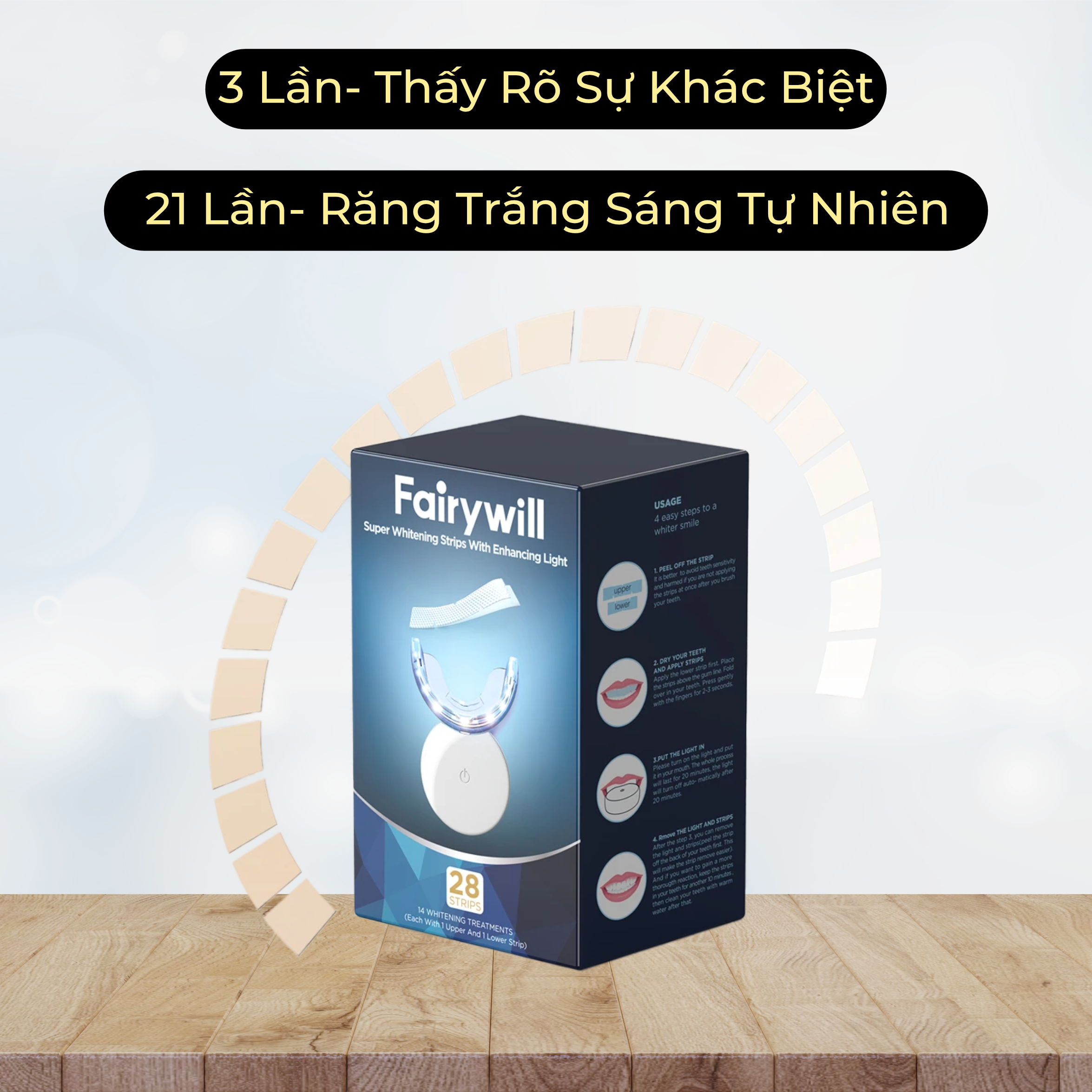 Máy làm trắng răng Fairywill FW 106, cho răng trắng sáng tự nhiên chỉ sau 14 lần sử dụng. Đi kèm thước đo độ sáng răng