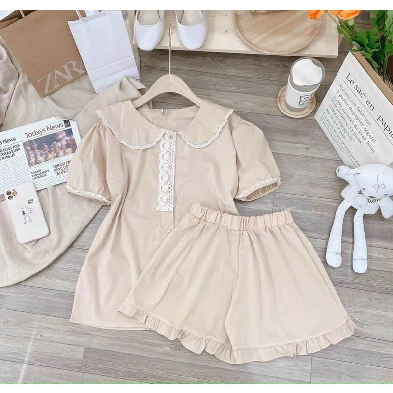 Set đồ bộ cổ sen bèo ren màu nude
