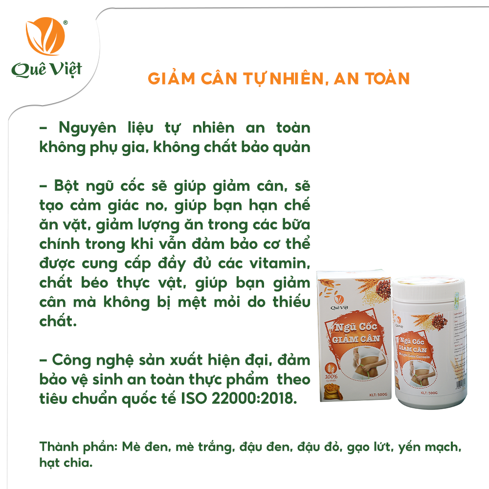 Ngũ cốc giảm cân ăn kiêng Quê Việt 100% nguyên liệu hữu cơ tự nhiên, an toàn 2 hộp x 500gr