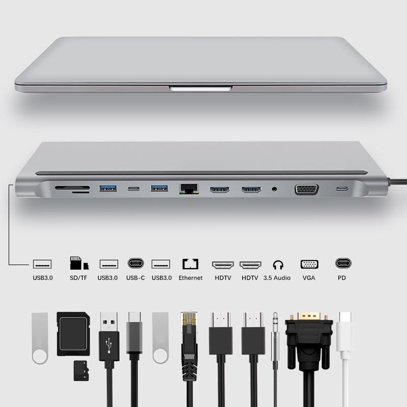 Trạm Sạc 12 Trong 1 Cổng Type-C HDMI VGA Audio TF / SD Ethernet PD USB C HUB Laptop Macbook pro
