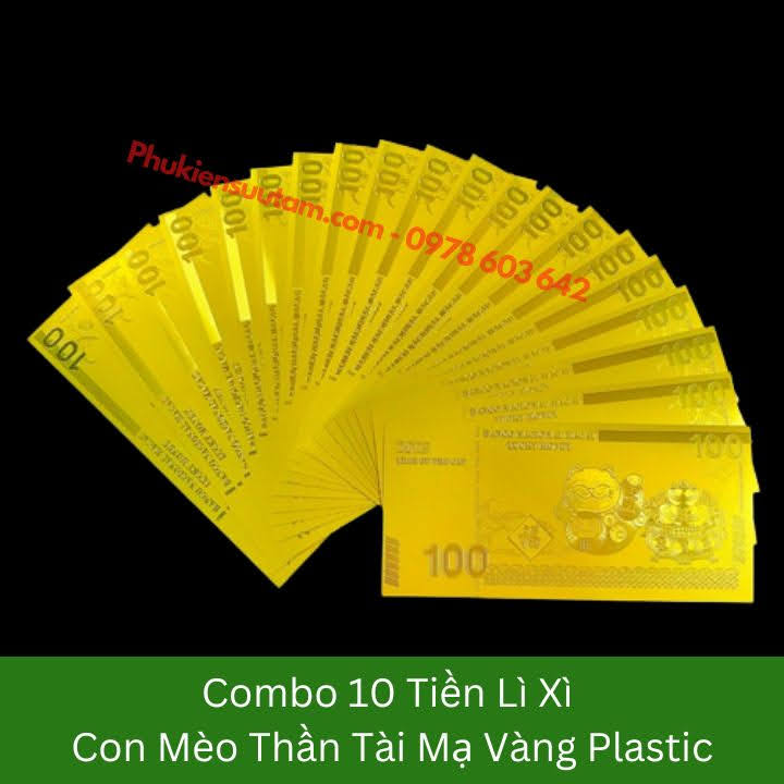 Combo 10 Tờ Lì Xì Con Mèo Thần Tài Mạ Vàng Plastic, kích thước: 15.5cmx7.5cm, màu vàng - SP005905