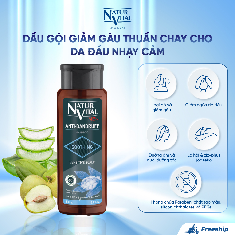 Dầu gội NaturVital Anti Dandruff Sensitive Scalp Thuần Chay Dành Cho Da Đầu Nhạy Cảm, Hỗ Trợ Giảm Gàu, Làm Dịu Da Đầu, Mang Đến Mái Tóc Thơm Sạch & Bồng Bềnh