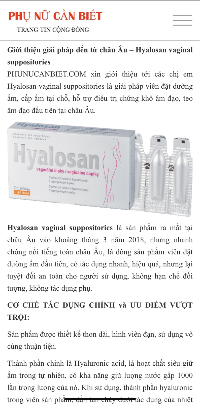 Viên đặt dưỡng ẩm - Hyalosan vaginal suppositories (Hộp 2 vỉ x 5 viên)