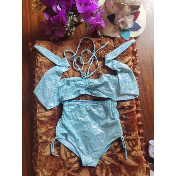 bikini đồ bơi đi biển màu xanh ngọc kim tuyến kem hình anh thật