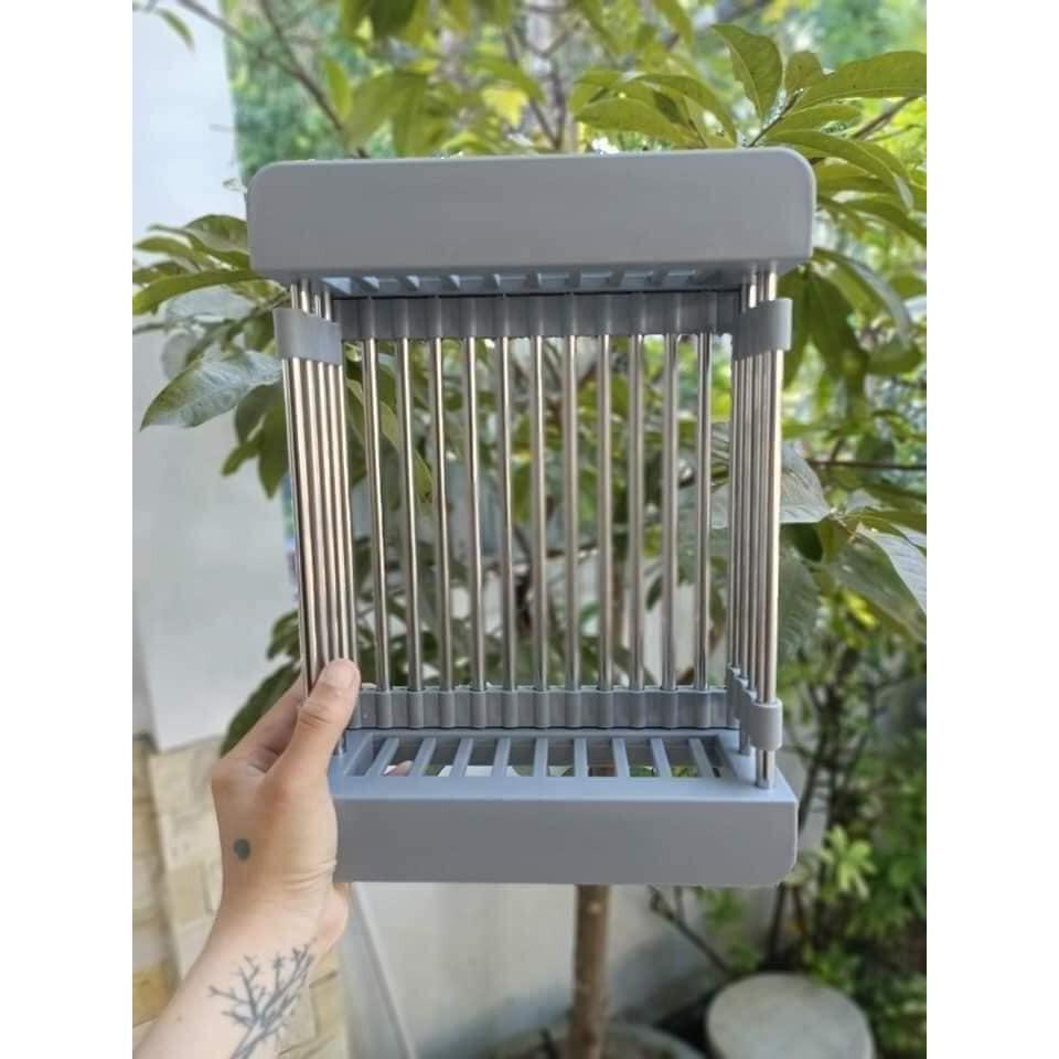 Rổ inox rút gọn - Khay inox gác bồn rửa bát tiện dụng - Tặng kèm 02 khăn lau siêu thấm nhà bếp