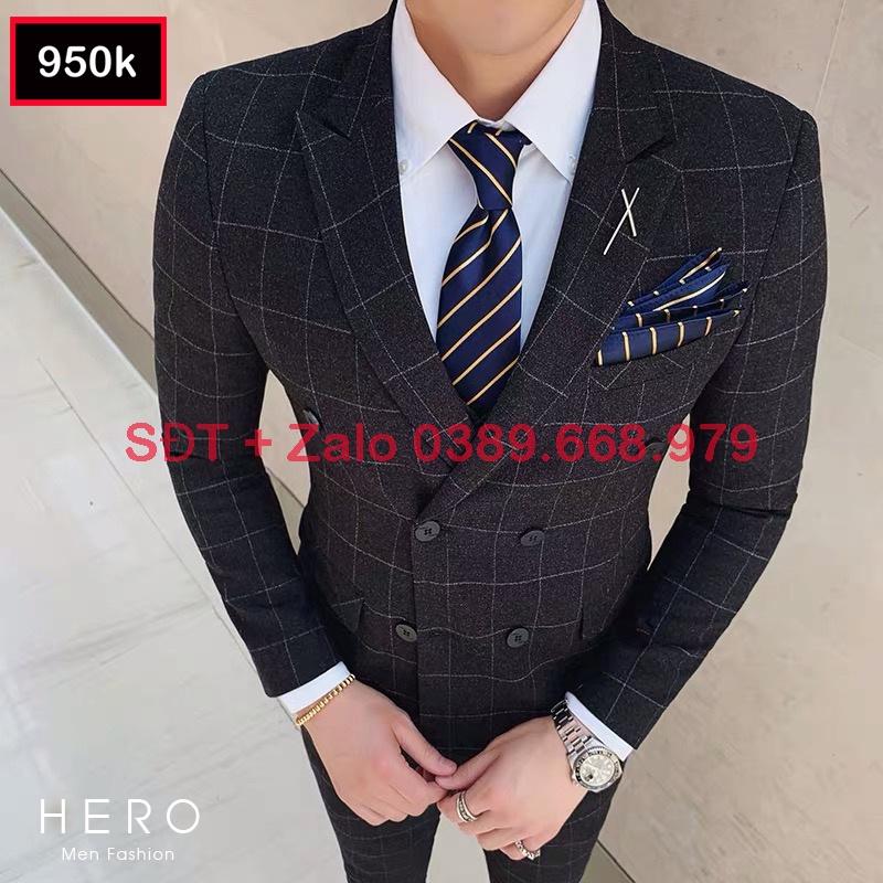 Bộ Vest Nam Cao Cấp 6 Cúc Kẻ caro màu Đen