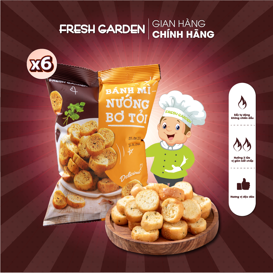 Set 6 Gói Snack Bánh Mì Bơ Tỏi FRESH GARDEN Hương Vị Đặc Trưng Sốt Bơ Tỏi Nồng Nhẹ Bánh Nướng Giòn Tan Gói 52g