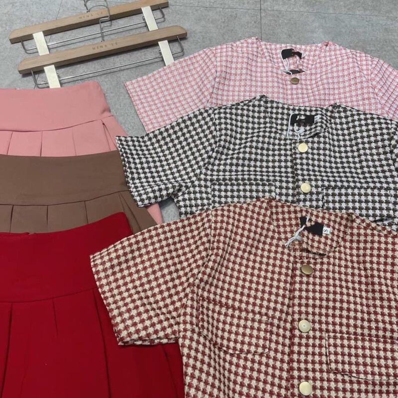SÉT CHÂN VÁY PHỐI ÁO BỐ KIM CROPTOP TAY NGẮN NHIỀU MÀU