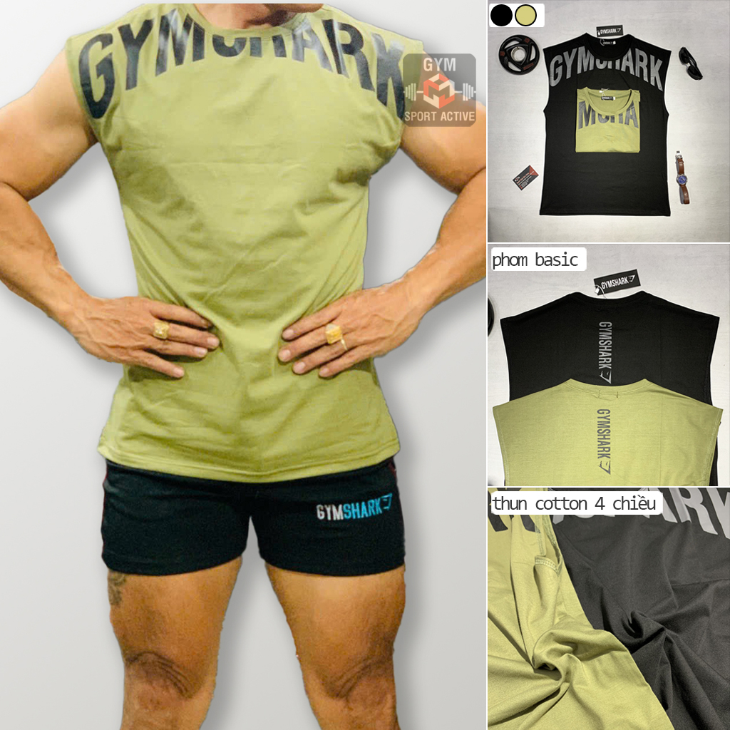 Hình ảnh Áo ba lỗ nam thể thao áo sát nách tập gym nam tank gym cá mập thun cotton 4 chiều