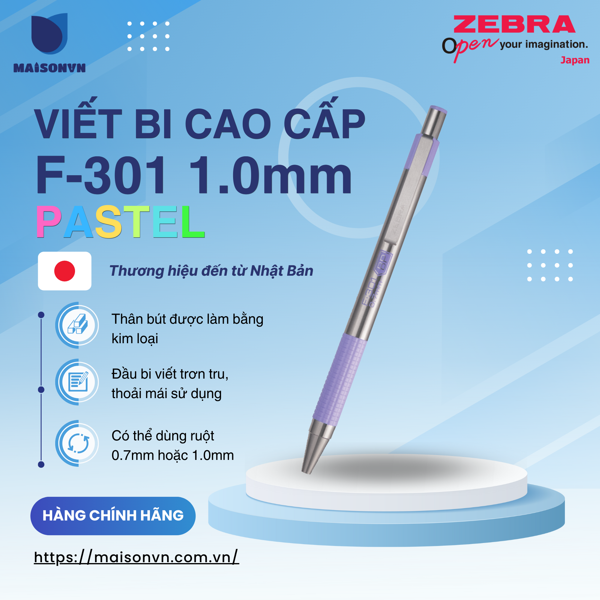 Viết bi bấm kim loại F301 PASTEL 1.0mm Zebra - Nhật [Chính Hãng] - mực xanh