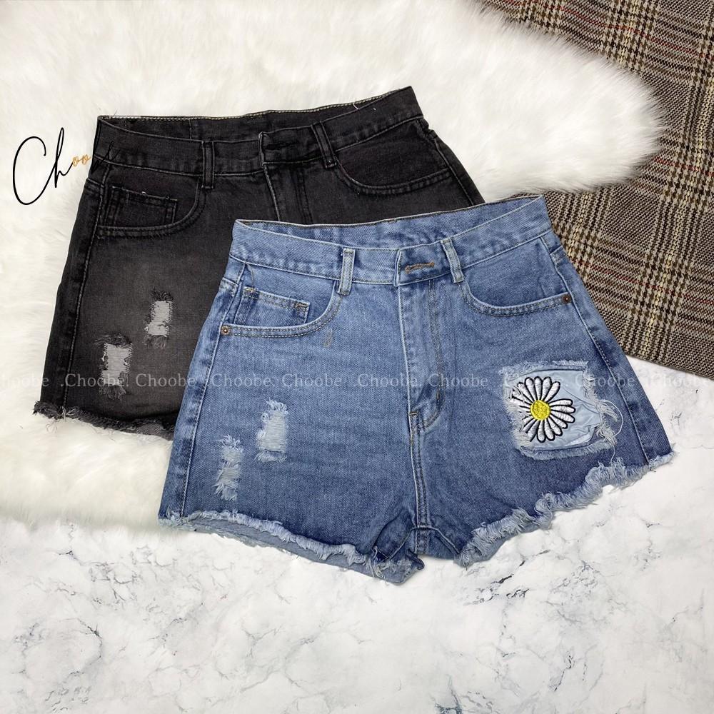 Quần short jean nữ Choobe trơn lưng cao thêu hình hoa cúc phong cách thời trang QSJ02