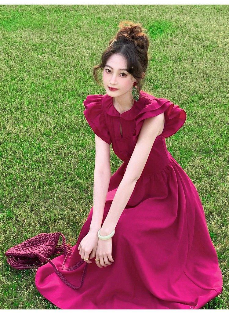 SHUANGYAN Phong cách Pháp phục cổ màu đỏ Tiểu Phi tay áo đầm nữ mùa hè thu eo lộ ra gầy chữ A váy đầm khí chất cao cấp cảm giác váy dài