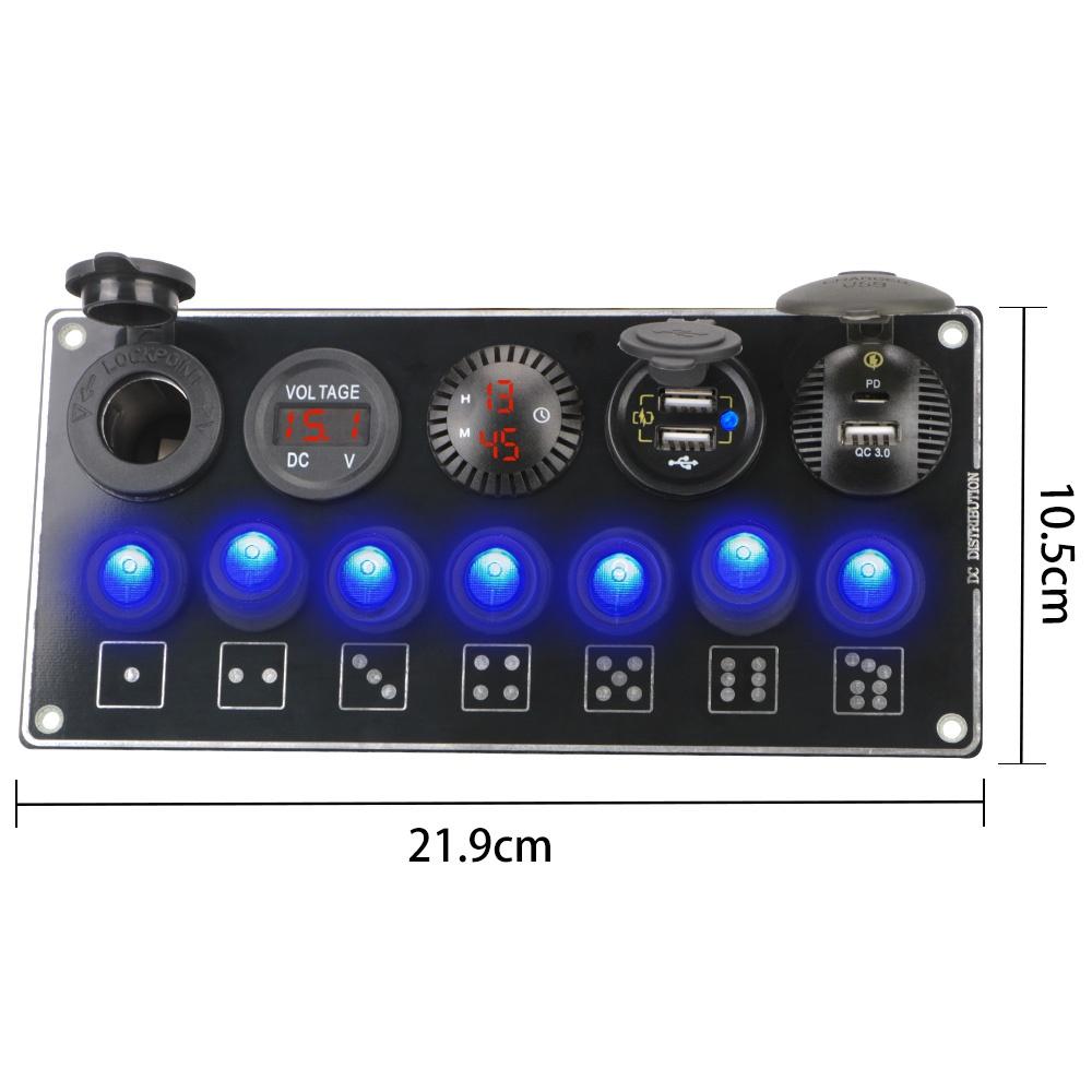 ON-Off Rocker Toggle 7 Gang Car Switch Panel QC3.0 & PD Quick Charge Waterproof Dual USB Socket Charger for Truck Boat RV