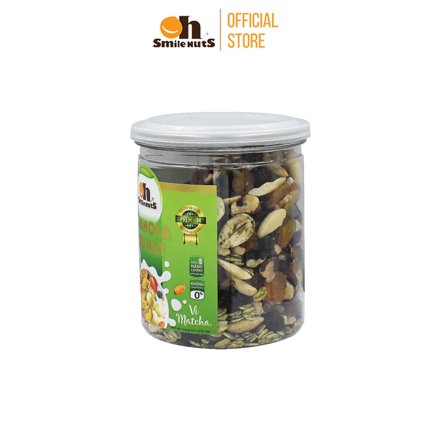 Granola ăn kiêng Siêu Hạt Smilenuts vị Matcha hủ 225g - Gồm Hạnh Nhân bóc vỏ, Nho khô, Óc Chó, Yến Mạch, Hạt điều, Nhân bí xanh và Mật ong _ Ngũ cốc ăn kiêng Siêu hạt vị Matcha