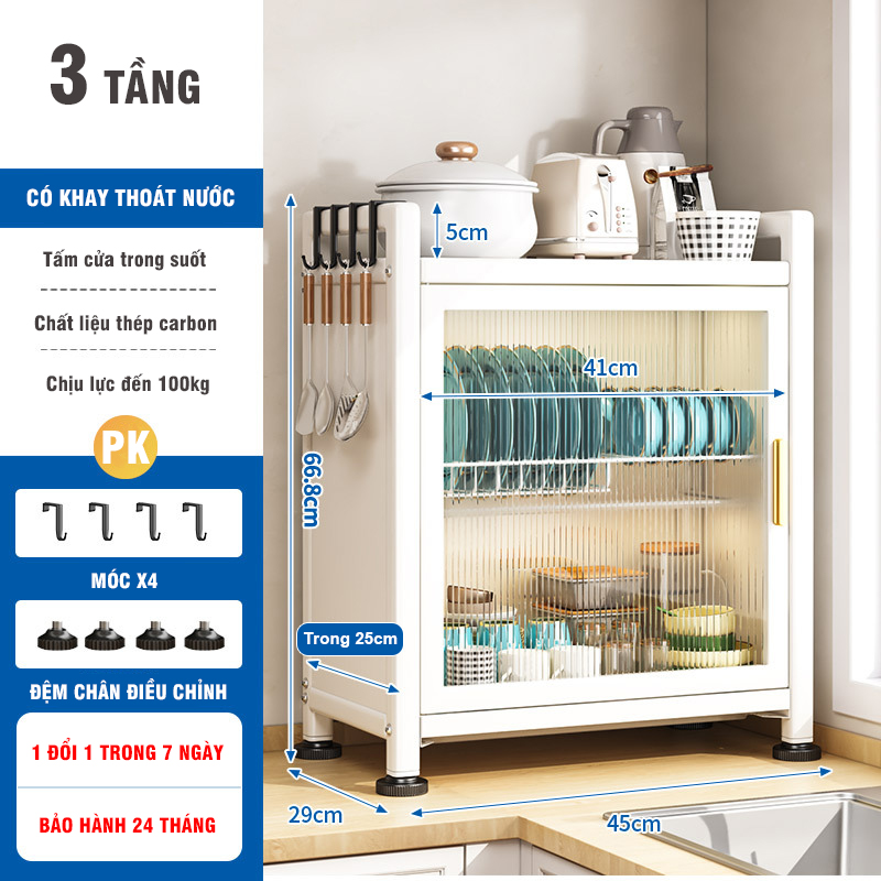 Tủ Để Chén Bát 3 Tầng Thông Minh VANDO Phiên Bản Mới Nhất, Tủ Chống Bụi Bẩn, Côn Trùng, Kèm Khay Hứng Nước Sạch Sẽ, Khô Ráo