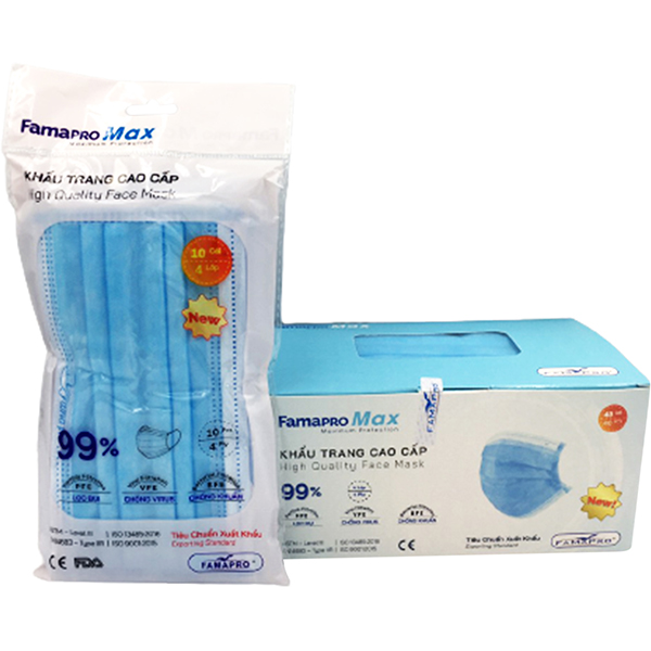 Khẩu Trang Y Tế Cao Cấp 4 Lớp Famapro Max Màu Xanh - Tặng 1 Túi Khẩu Trang Famapro Max