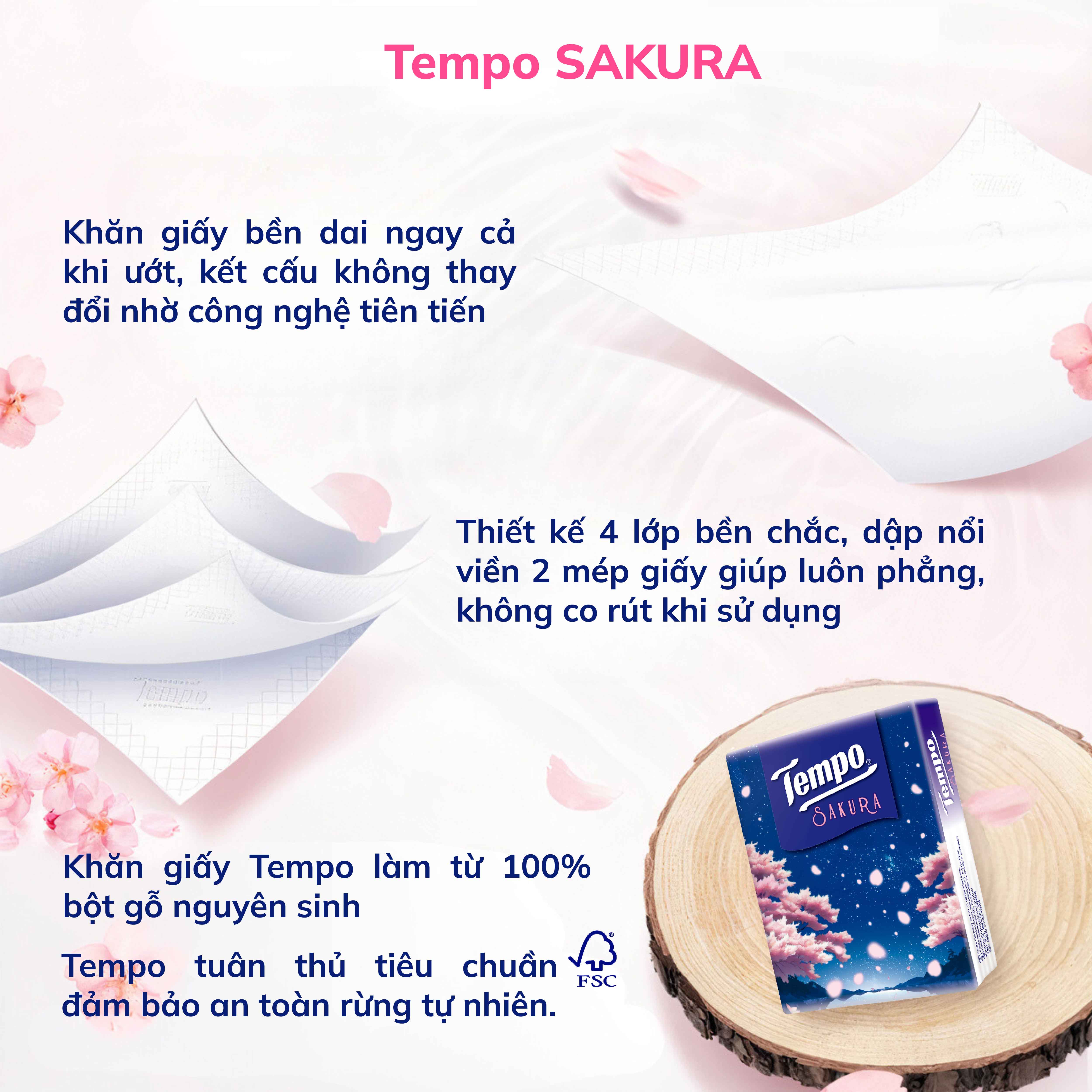 [LỐC 18 GÓI] Khăn Giấy Bỏ Túi Cao Cấp Tempo Petit Hương Sakura- 4 Lớp Bền Dai, Được Kiểm Nghiệm Da Liễu -Thương Hiệu Đức