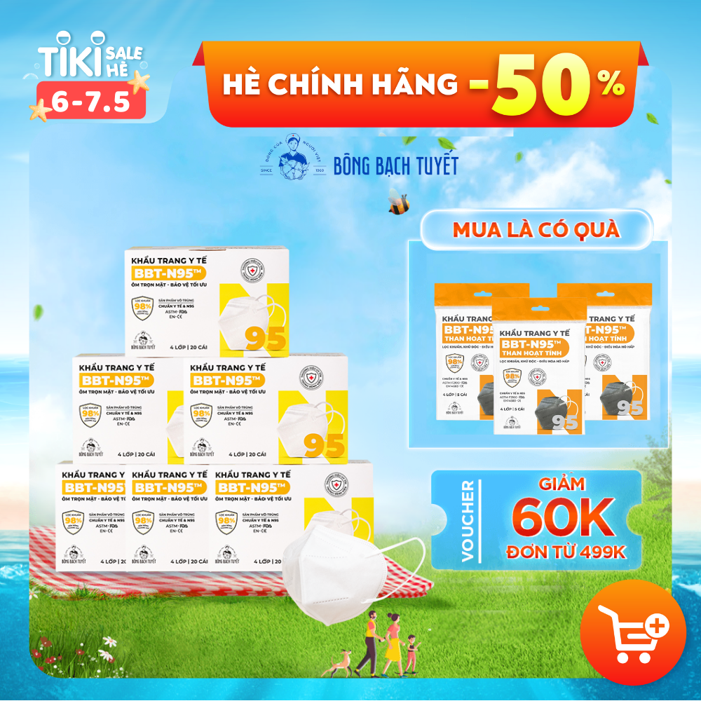 Combo 6 Hộp Khẩu Trang Bông Bạch Tuyết N95 - Trắng (20 cái/hộp)