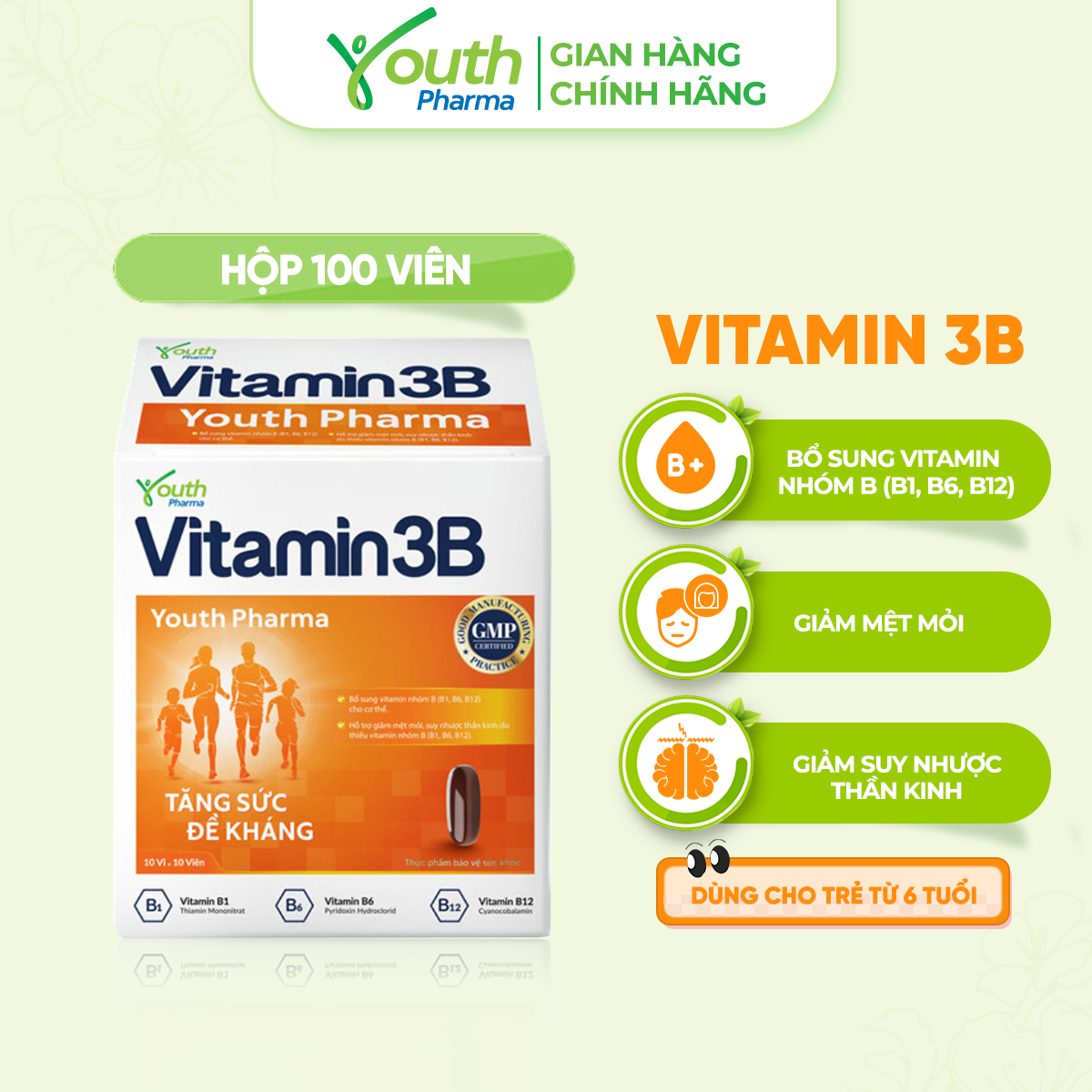 Viên Uống Vitamin 3B Youth Pharma Bổ Sung Vitamin Nhóm B (B1, B6, B12) - Hộp 100 Viên